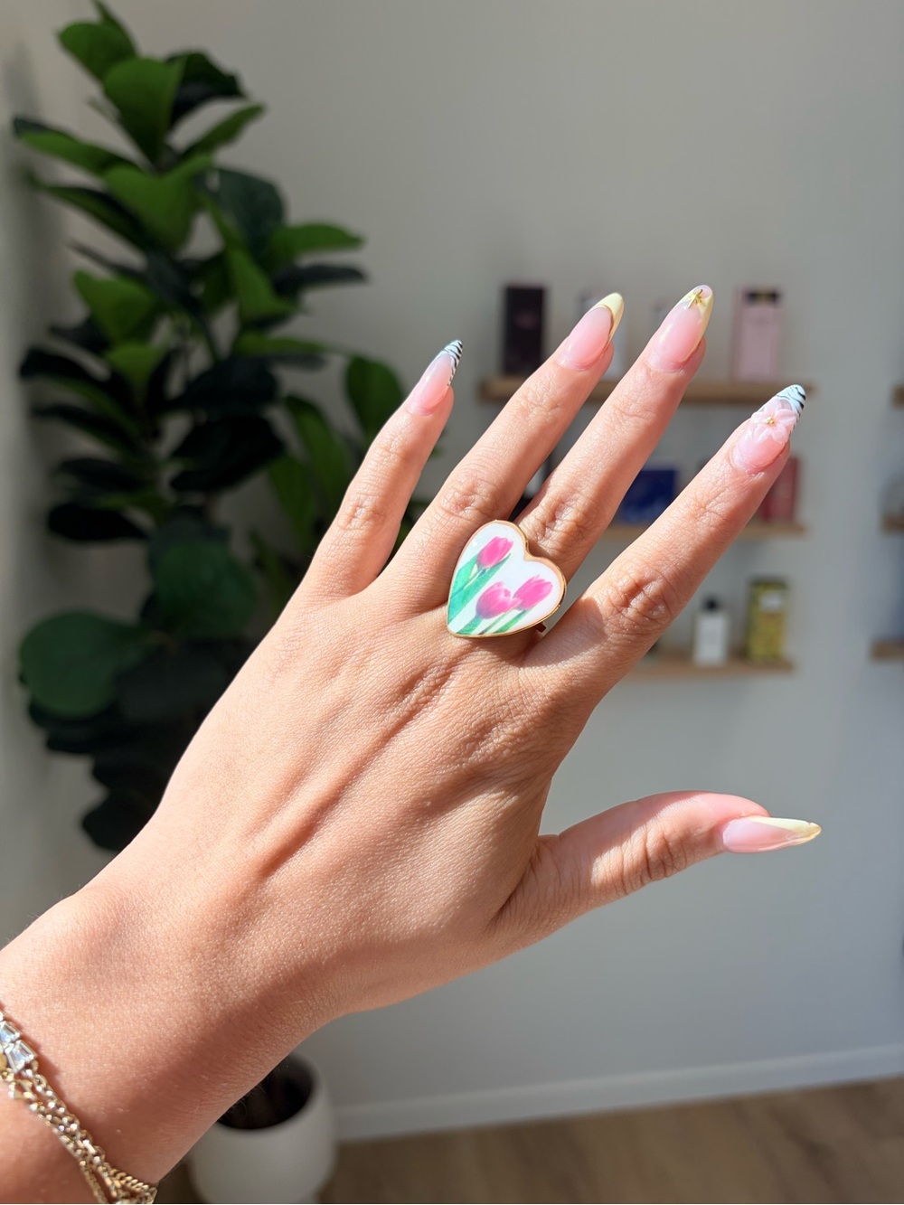 Heart-Shaped Hand-Painted Pink Tulip Ring
